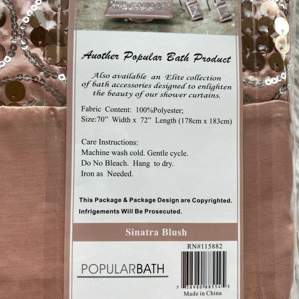 NWT POPULAR BATH Shower Curtain Sinatra Blush Sequin Glam 70x72